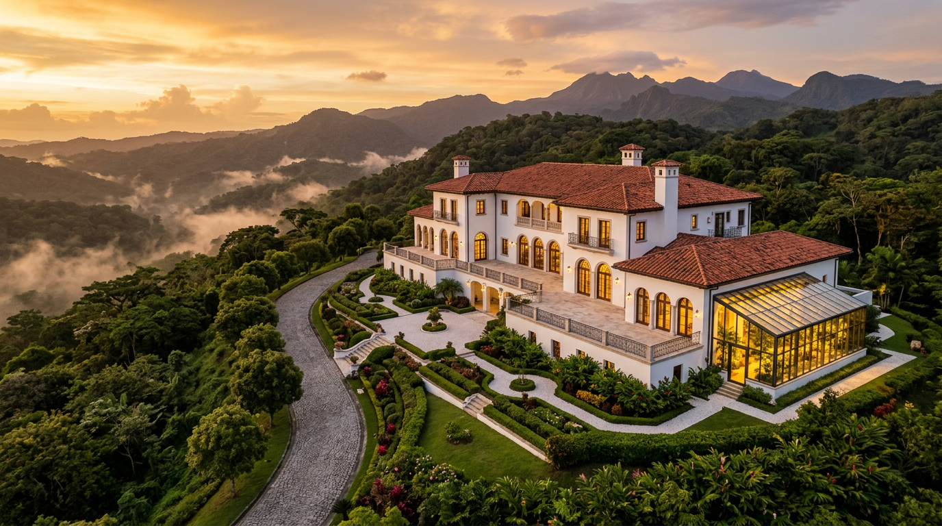 La mansión al atardecer rodeada de selva tropical